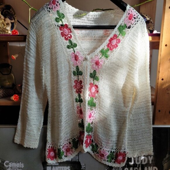 Vintage 90s crochet floral sheer cardigan handmade size medium - Picture 1 of 6